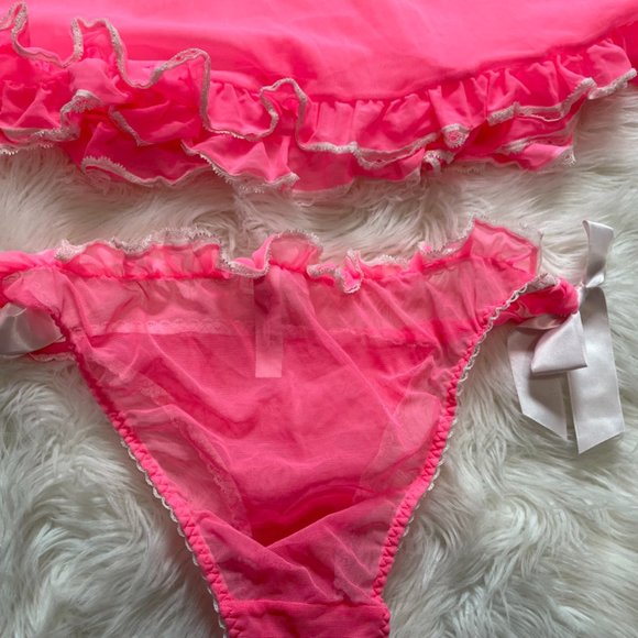 NWOT Victoria's Secret Pink Sheer Mesh Babydoll Set lace ruffle trim, bows Large - Picture 8 of 14